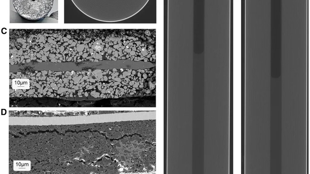 Tomografías computarizadas (CT) y cortes transversales mediante microscopía electrónica (SEM) de la celda cilíndrica y su diseño sin pestañas (tabless). Se observa el nivel de electrolito desplazándose a lo largo del ciclo de carga y la integridad mecánica de la estructura interna. Fuente: Siebert, C. et al. (2026), Cell Reports Physical Science.