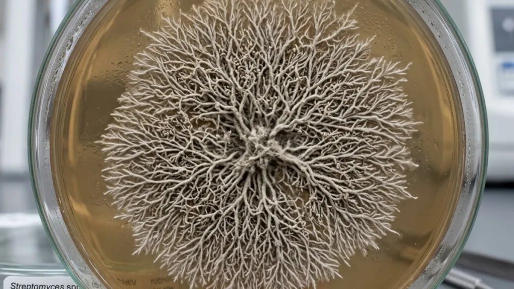 Bacterias del género Streptomyces cultivadas en una placa de Petri
