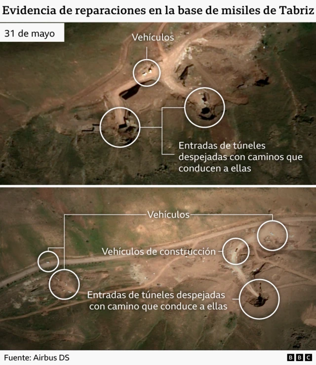 Una imagen satelital muestra evidencia de las reparaciones en curso en la base de misiles de Tabriz.