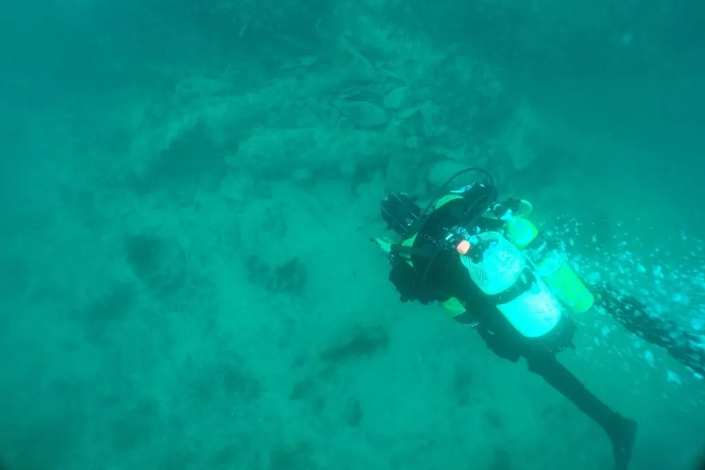 Un buceador inspecciona el pecio, donde todavía descansan cañones sobre el fondo marino