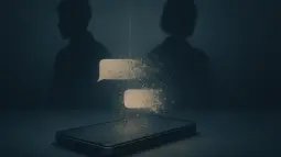 Un teléfono con mensajes que se desvanecen frente a dos siluetas separadas, sugiriendo una ruptura en la era digital.