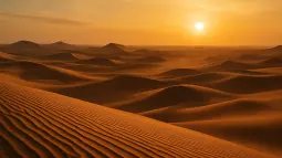 Dunas del Sahara iluminadas por la luz dorada del atardecer con una ligera bruma de polvo en el horizonte.