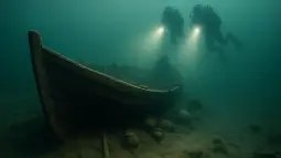 Un pecio antiguo descansa en el fondo de un lago mientras buzos lo documentan con luz tenue.