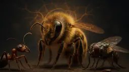 Abeja y otros insectos en primer plano con un sutil motivo luminoso que sugiere actividad neuronal.