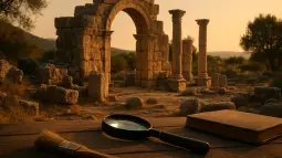 Ruinas antiguas iluminadas por el atardecer con una lupa y herramientas de excavación en primer plano.
