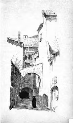 Dibujo de las callejuelas de un barrio antiguo de una ciudad con una figura vestida de negro que camina por ellas.