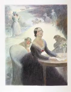 Retrato de una mujer que mira al cielo mientras está sentada frente a una mesa.
