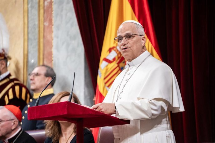 El Papa Lleó XIV intervé durant la seua visita al Congrés dels Diputats, a 8 de juny del 2026, a Madrid (Espanya).