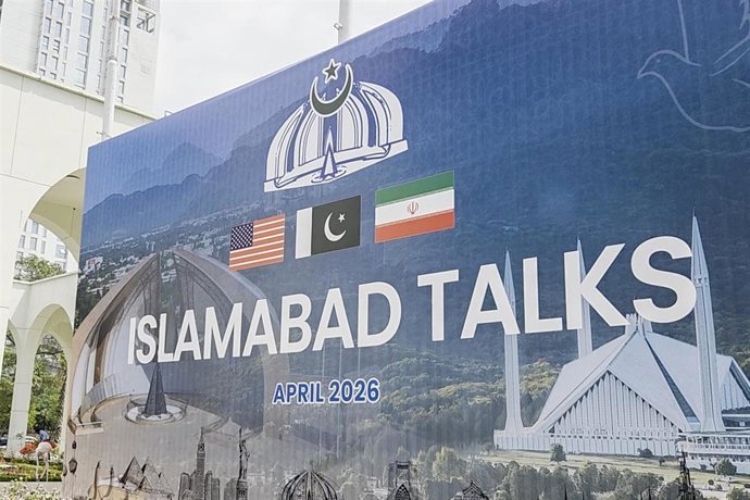 Archivo - Cartel de las conversaciones de Islamabad entre Estados Unidos e Irán (archivo)