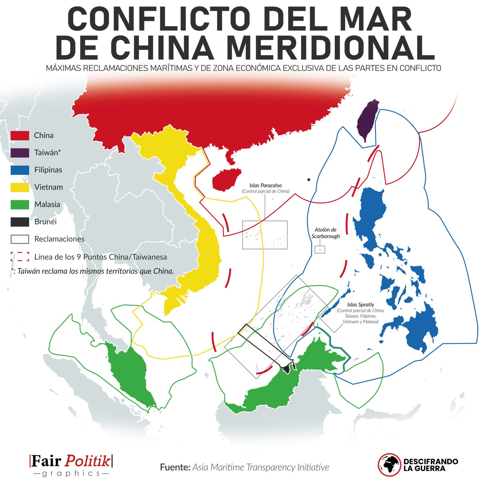 Situación de las dispares reclamaciones territoriales y marítimas de los países involucrados en el conflicto del Mar del Sur de China.