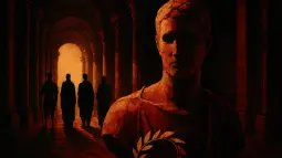 Pasillo de un palacio romano en penumbra con una estatua fragmentada y siluetas anónimas al fondo.