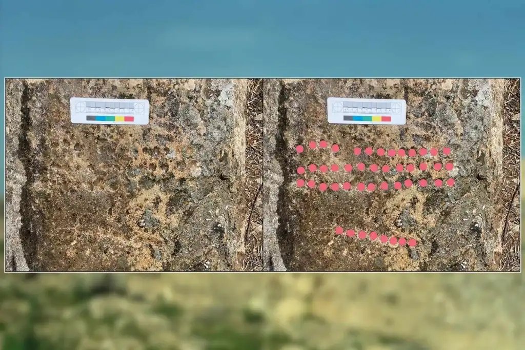 Tablero de juego hallado en el hammam de Walīla. A la izquierda, la pieza original; a la derecha, la reconstrucción que muestra la disposición de las cavidades