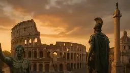 Coliseo de Roma al atardecer, iluminado por una luz dorada. En primer plano, dos estatuas de bronce de un emperador y un soldado romano observan la ciudad, con la Columna de Trajano y antiguas construcciones romanas al fondo, evocando la grandeza del Imperio.