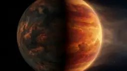 Recreación artística de WASP-94A b, exoplaneta gigante gaseoso bloqueado por marea, con el hemisferio nublado visible en el lado nocturno y la atmósfera despejada del lado diurno. Fuente: Nano Banana / Scruzcampillo.