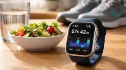 Recreación artística que muestra un bodegón de salud moderna con un reloj inteligente registrando el sueño junto a una porción de ensalada y unas zapatillas deportivas en un entorno limpio y luminoso. Foto: ChatGPT / Scruzcampillo.