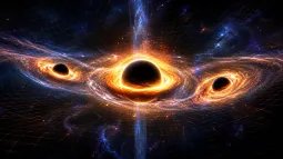 Recreación artística de una fusión de agujeros negros con ondas gravitacionales deformando el espacio-tiempo.