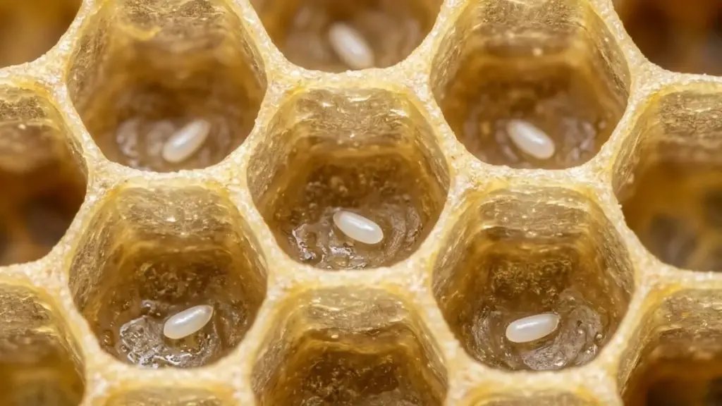 Pequeños huevos blancos en el fondo de las celdas hexagonales de cera de una colmena