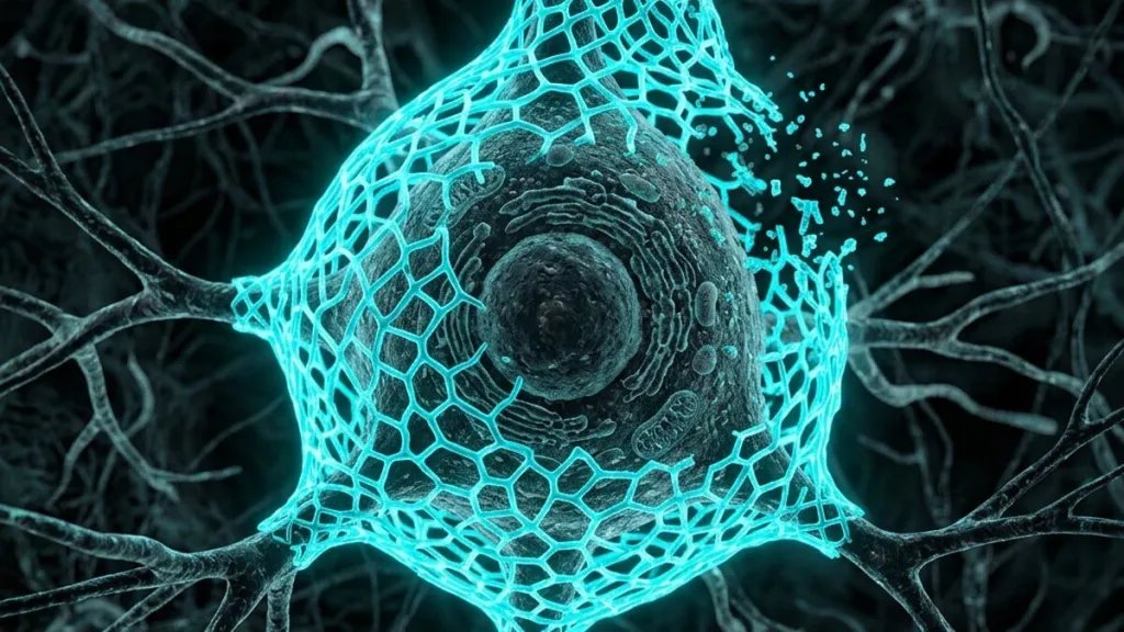 Primer plano en 3D de una neurona rodeada por una red perineuronal de protección en tono cian