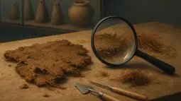 Fragmentos de fibras y herramientas arqueológicas dispuestos para estudiar tejidos antiguos.