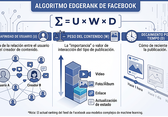 Ecuación original de Facebook que dictó las dinámicas de interacción social en la red, ponderando la afinidad entre usuarios, el peso del formato y el decaimiento por tiempo