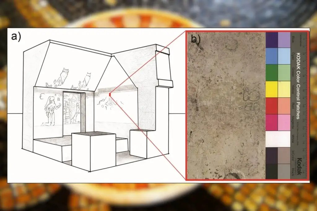 Reconstrucción de la estancia donde apareció la inscripción y detalle del microtexto descubierto
