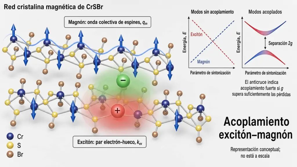 Representación visual generada con IA del acoplamiento entre un excitón y una onda colectiva de espines en la red cristalina magnética de CrSBr, junto con el anticruce característico de dos modos resonantes acoplados. Fuente: ChatGPT / Scruzcampillo.