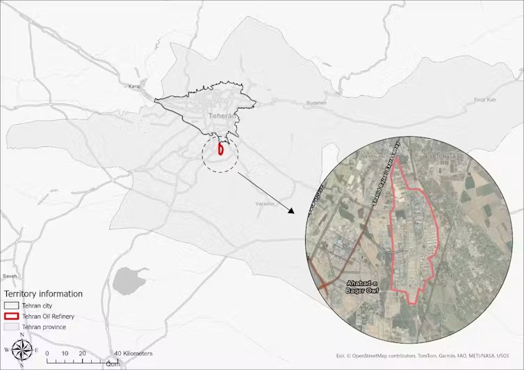 Mapa que muestra la localización de la refinería de petróleo en Teherán