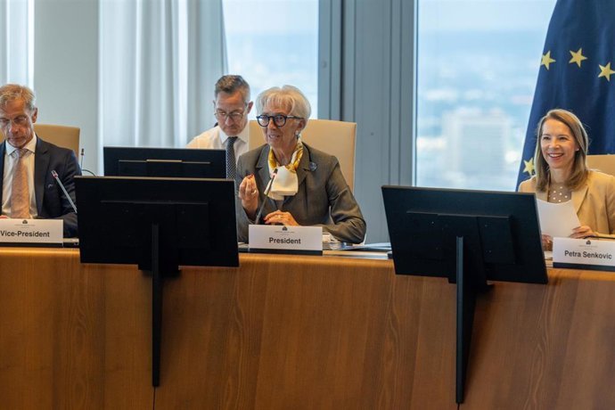 La presidenta Christine Lagarde durante la reunión del Consejo de Gobierno del BCE en Fráncfort, Alemania, el 23 de julio de 2026.