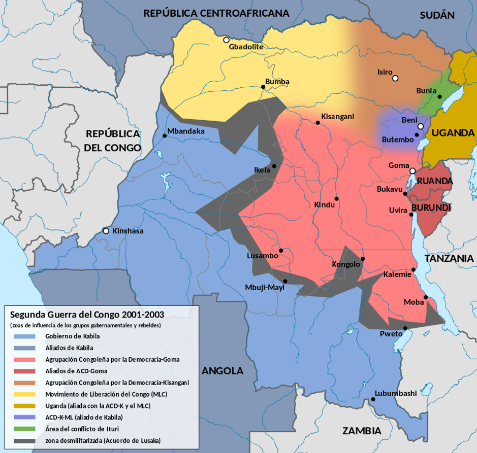 Mapa de las zonas de influencia durante la Guerra Mundial Africana en la República Democrática del Congo.