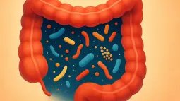 Ilustración de un intestino con bacterias estilizadas que representan la microbiota.