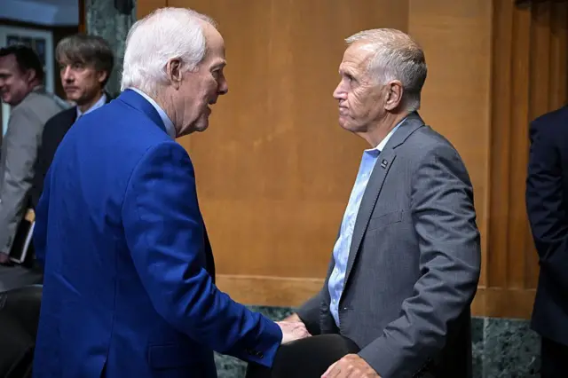 Los senadores republicanos John Cornyn de Texas (izq.) y Thom Tillis de Carolina del Norte conversan durante un receso en el Senado