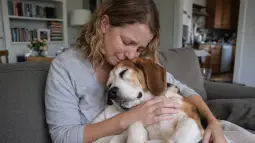 Imagen de una mujer con su perro, triste