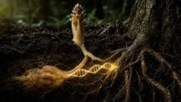 Planta holoparásita conectada a raíces de un árbol huésped con una doble hélice simbólica.