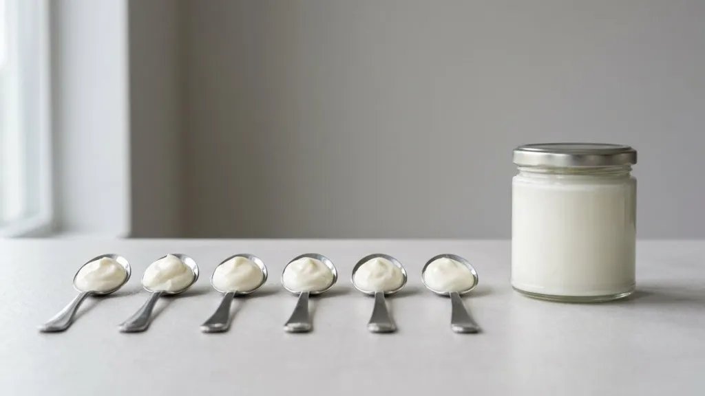 Seis cucharaditas de crema solar alineadas junto a un envase sin etiqueta.