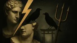 Collage ilustrado de símbolos mitológicos de Grecia, Roma, el mundo nórdico y Japón sobre un fondo oscuro.