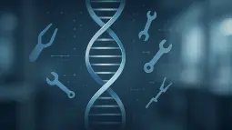Una hélice de ADN rodeada de elementos abstractos que sugieren herramientas genéticas miniaturizadas y análisis computacional en un entorno de laboratorio.