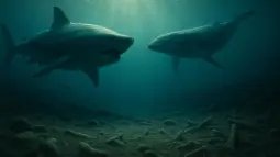 Ilustración de un océano antiguo con un tiburón gigante y una ballena prehistórica sobre un fondo con fósiles.