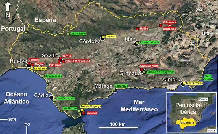Mapa con la localización de las ocho capitales de provincia de Andalucía y de las 21 estaciones de medición