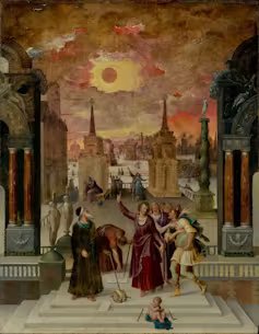 Pintura en la que un hombre señala al cielo, donde la Luna está cubriendo el Sol.