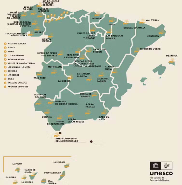Mapa de España donde aparecen marcadas las Reservas de la Biosfera
